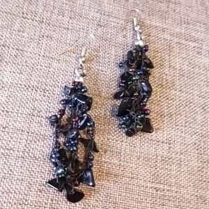 Black Seed and Chip Beaded Earrings - Pre-loved (2.5")